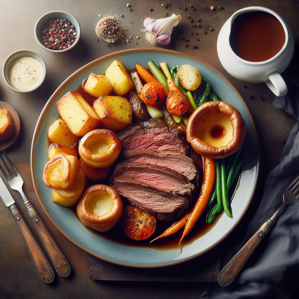 Traditional Sunday roast beef meal at Hillgate Brewery.