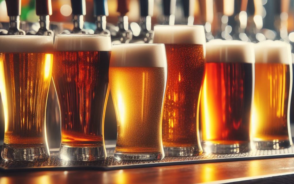 Pints of beer sitting on the bar at Hillgate Brewery.