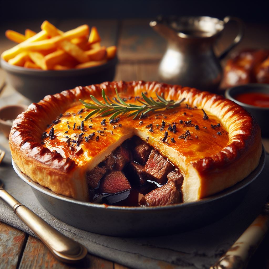 Traditional British steak and ale pie at Hillgate Brewery.